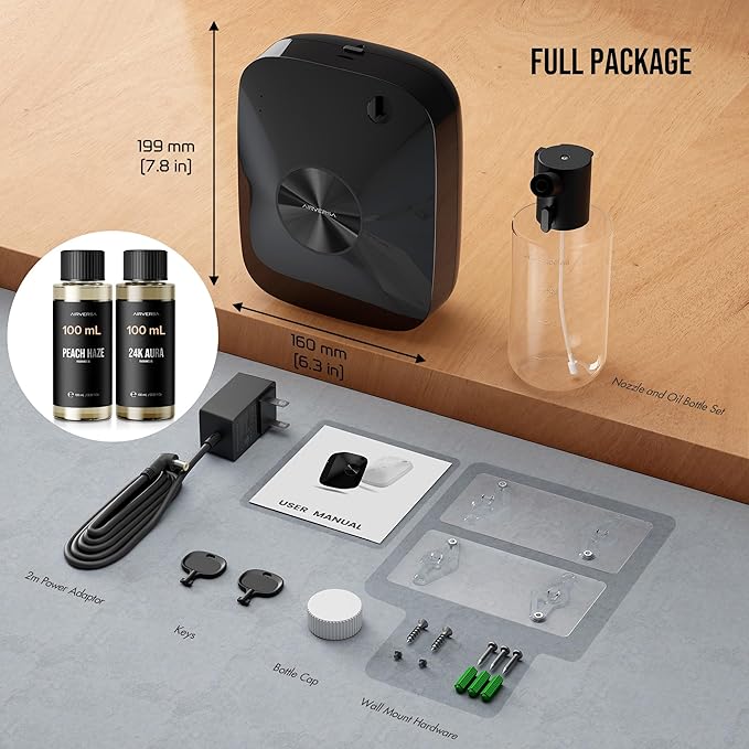 Airversa Smart Waterless Essential Oil Diffuser, 400mL Capacity with 200mL Fragrance Scent Oils, Up to 2000 sq ft Scent Air Machine with 12A1V Power Adapter for Large Room, ANA Black Kit