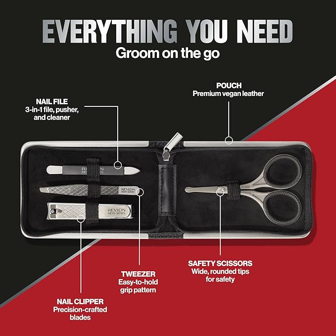 Revlon Men's Grooming Kit, 5-Piece Travel Essentials Set, Includes Clippers, Scissors, File, Tweezers and Carrying Case, Stocking Stuffer for Him, 1 count