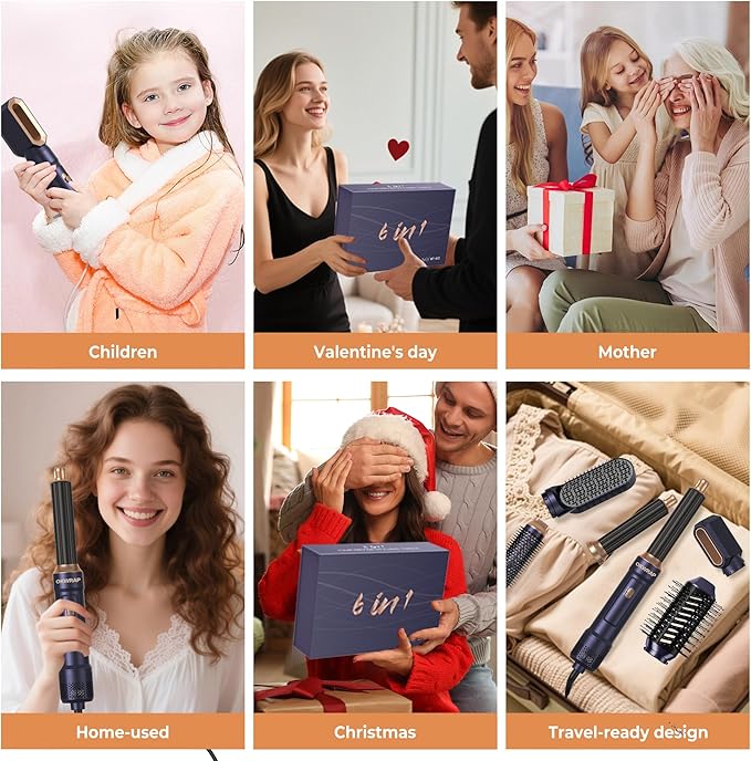 6 in ONE Blow Dryer Brush, Curling Wand Hair Styling Tools Set, Ionic Hot Air Hair Dryer, Massage Oval Hair Dryer, Left&Right Hair Curlers 100-120V