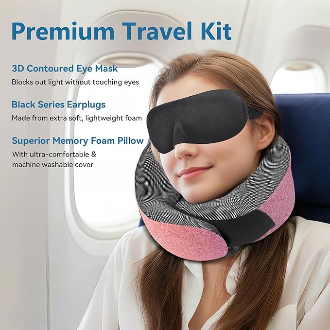 Pink Airplane Travel Pillow Set, 100% Pure Memory Foam Neck Pillow, Updated - Image 2