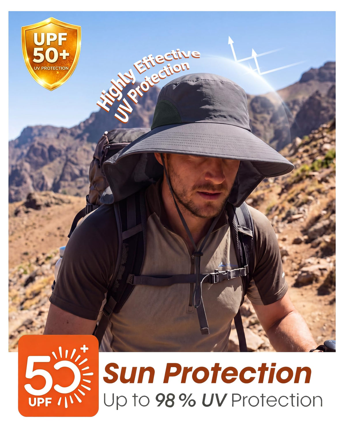UPF50+ Mens Sun Hat Wide Brim Fishing Hat with Neck Flap Sun Protection Cap for Beach Safari (Large-X-Large / Dark Gray)
