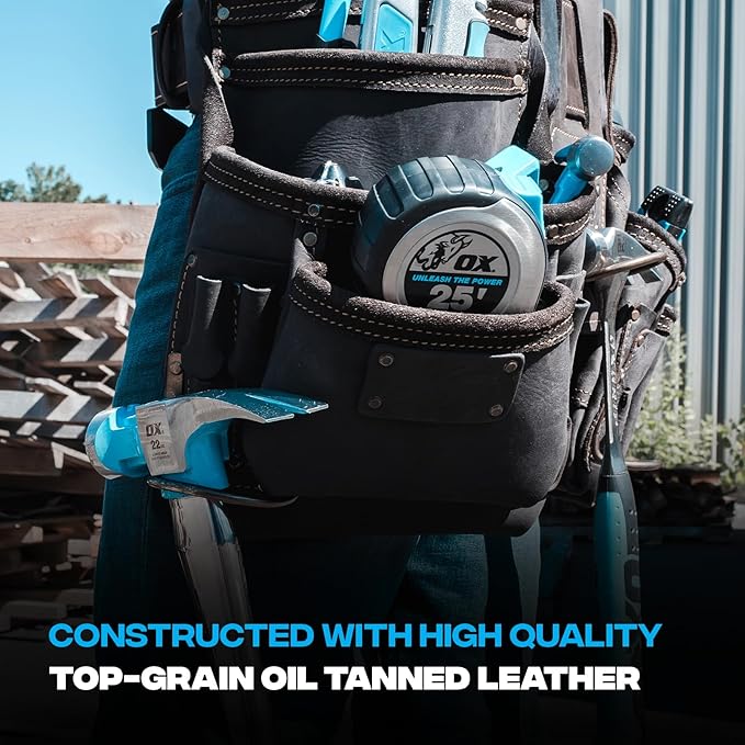 OX Pro Oil Tanned Leather Framing Rig with Padded Suspenders Leather Carpenter Tool Belt with Suspenders and Tool Pouches Dual Hammer Holsters OX-P263609