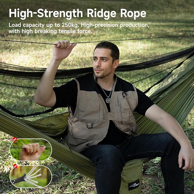 Camping Hammock with Mosquito Net and Ridge Rope, Extra Large - Image 3