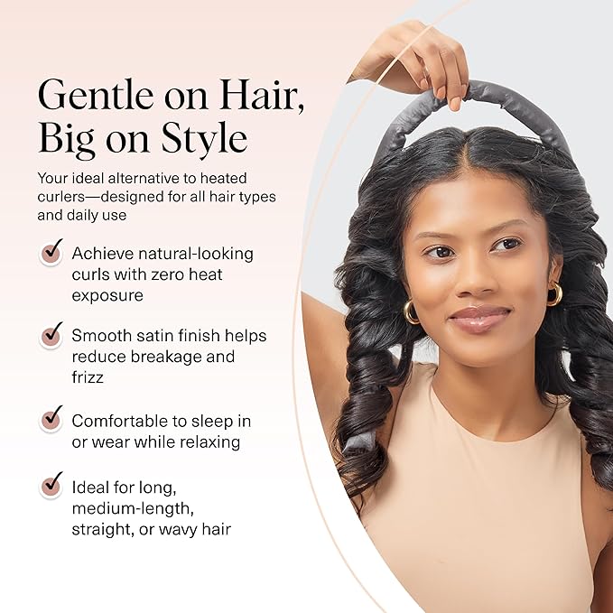 Kitsch Satin Heatless Curlers Set – Heatless Curls Overnight with 34" Hair Curler & 2 Satin Scrunchies – Comfortable Hair Curlers to Sleep In for Frizz-Free, No Heat Damage Styling - Charcoal