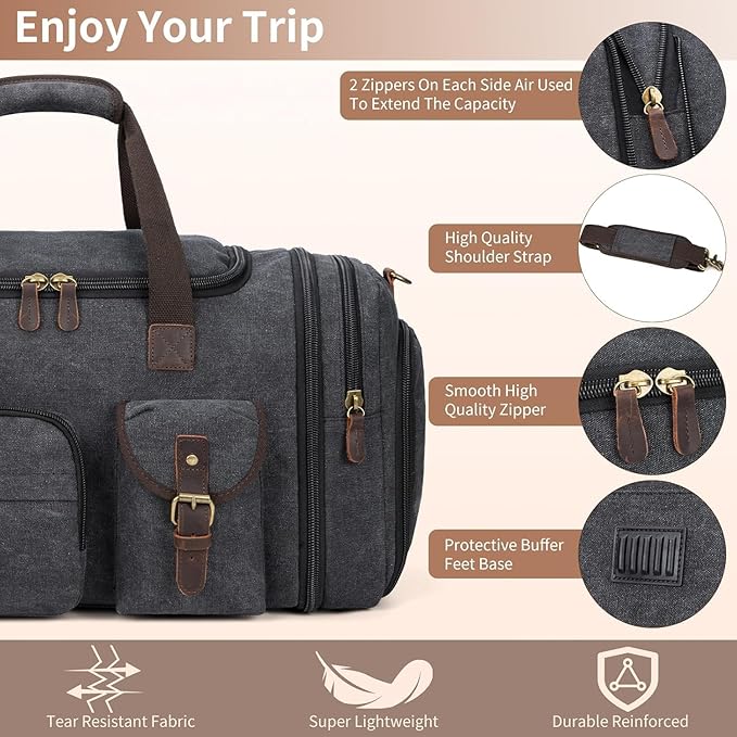 Mens Duffle Bag for Travel 3Pcs Set Travel Bags for Men 60L Expandable Canvas - Image 2