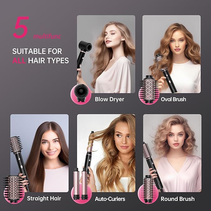 SKIMI 110,000 RPM Brushless Motor Hair Dryer Brush - 5 Muti-Styler for Fast Drying, Curling, Volumizing & Straightening | High-Speed Hot Air Brush for All Hair Types (Black & Blush Rose)