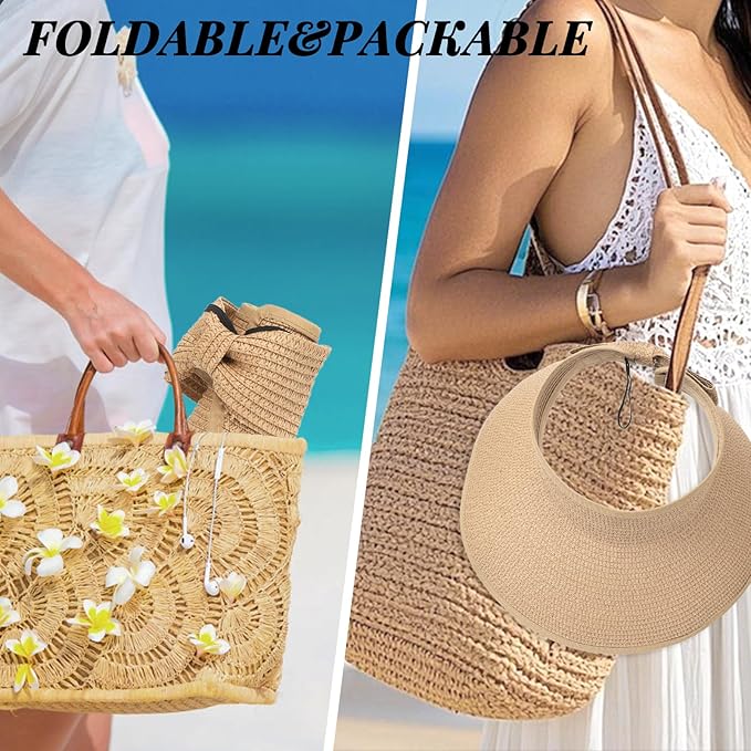Sun Hats for Women Straw Beach Hat Wide Brim Sun Visor Summer Hat Packable - Image 3