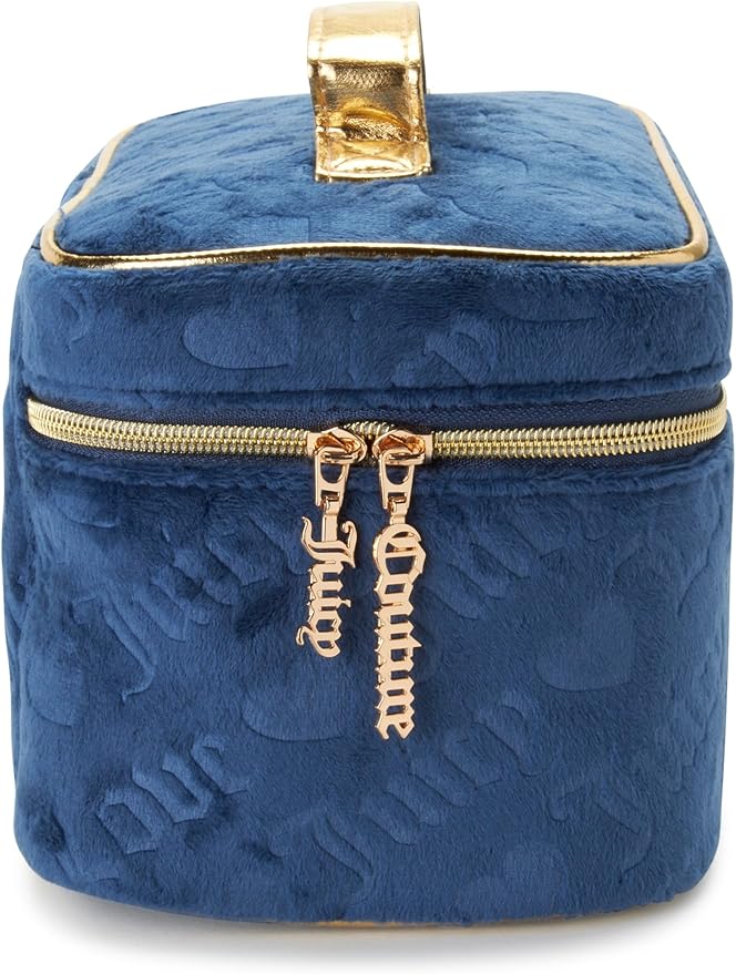 Juicy Couture Blue Makeup Bag Cosmetics Organizer Travel Essentials Train Case Velour Heart Logo