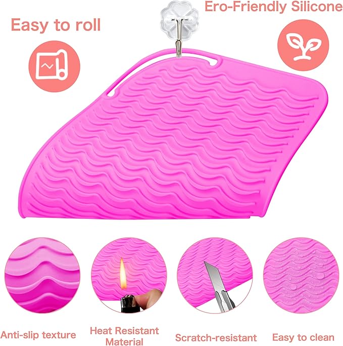 Heysam Silicone Heat Resistant Mat for Flat Iron Hair Straightener Pad, Travel Portable Curling Iron Pad, Non-Slip Vanity Mat for Hair Tools, Size 9"x6.5", Rose Red