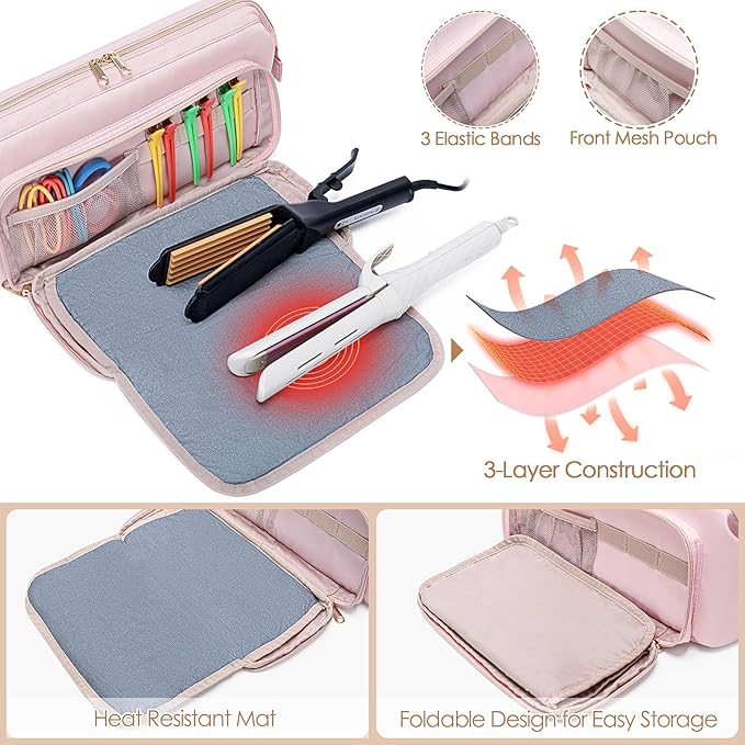 Fasrom Hair Tools Travel Bag with Heat Resistant Mat for Flat Iron, Curling Iron and Hair Straightener, 2 in 1 Hair Dryer Travel Case to Organize Hair Styling Tools, Pink (Patent Design)