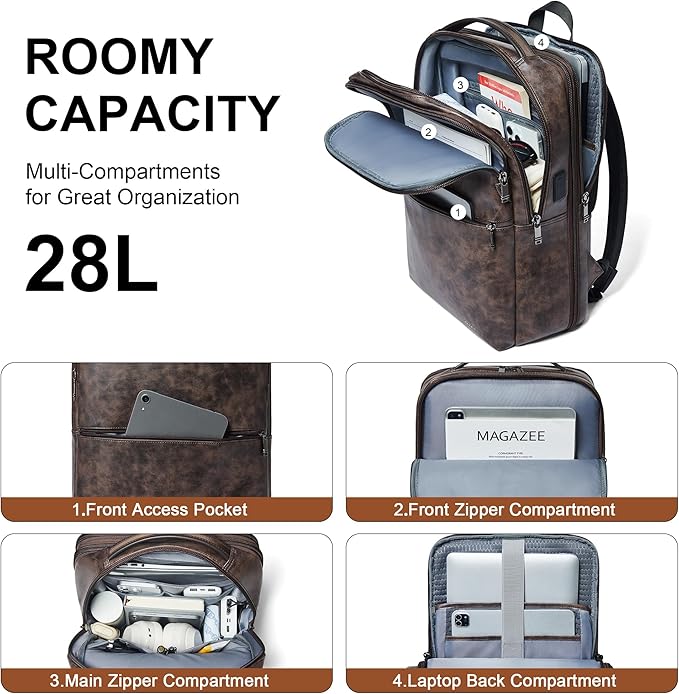 Vegan Leather Laptop Backpack for Women&Men, 16 Inch Expandable Backpack - Image 3