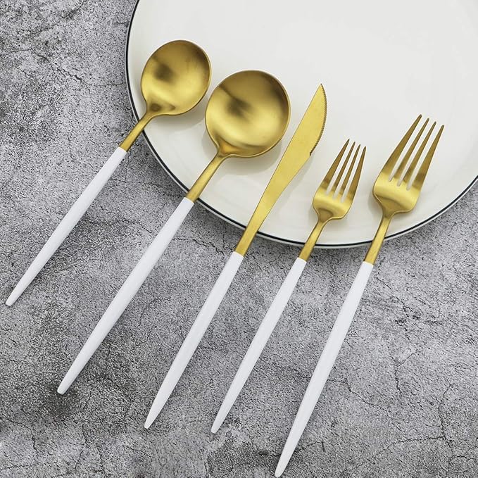 White Handle Matte Gold Silverware Set, Gugrida 5-Piece 18/10 Stainless Steel - Image 2