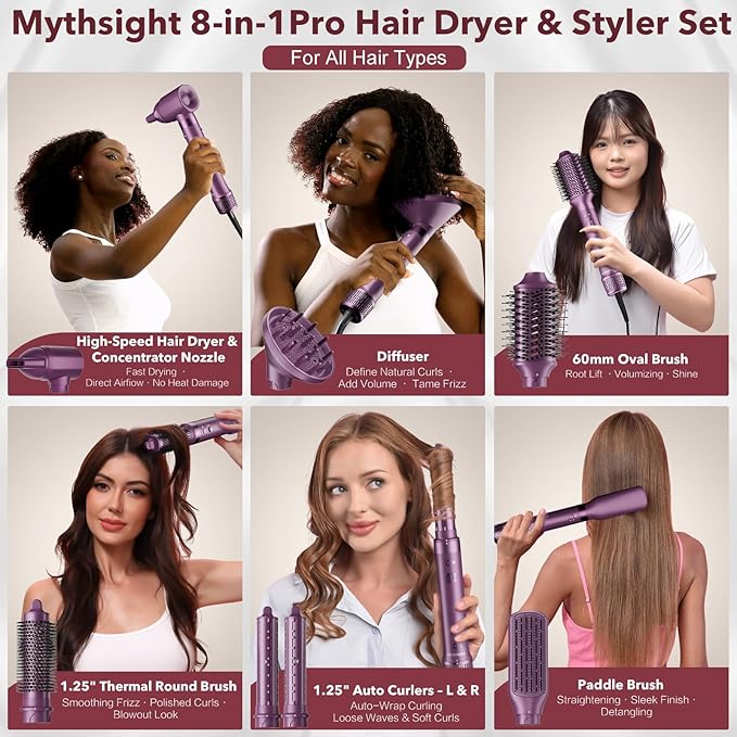 StyleVibe 8-in-1 Air Styler, Hair Dryer & Blow Dryer Brush with Travel Case - Auto Wrap Curls (L/R), Fast Drying, Thermal Round Brush for Smooth Blowouts & Frizz-Free Volume, No Heat Damage