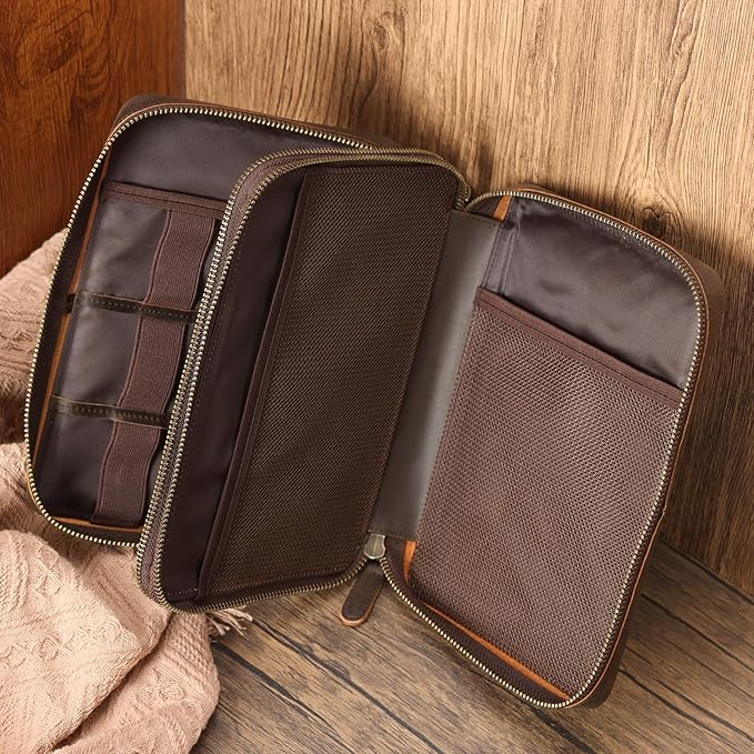 Polare Full Grain Leather Travel Cable Organizer Case Double Layer Electronics - Image 4