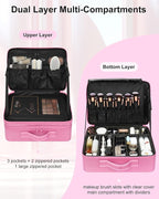 Relavel Extra Large Makeup Case Travel Train Case Professional Makeup Artist Bag Portable Nail Organizer Box Art Supply Case with Adjustable Dividers/Attach to Trolley/Shoulder Strap (Rose Pink)