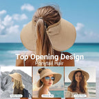 PFFY Sun Hats for Women Straw Beach Hat Packable Foldable Wide Brim Ponytail - Image 3