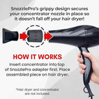 SnozzlePro Universal Hair Dryer Attachment Adapter for Concentrator Nozzles - Patented No-Slip Design Fits Most Nozzle Diameters 1.5”- 2.25”