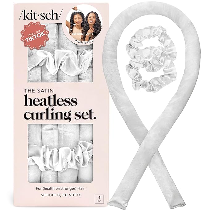 Kitsch Satin Heatless Curlers Set – Heatless Curls Overnight with 34" Hair Curler & 2 Satin Scrunchies, Comfortable No Heat Hair Curlers to Sleep In for Frizz-Free & Non-Damage Styling - Ivory