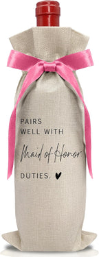 Cute Pink Bow Ribbon Engagement Gift Wine Bag - 1 PCS Bride to Be Gifts for Bridesmaids Bride and Groom Couples Her Him Will You Be My Bridesmaid for Getting Married Engagement Bridal Shower - A51