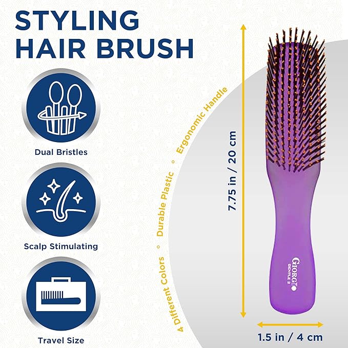 Giorgio GION1PP Neon Purple 7.75 inch Gentle Touch Detangler Hair Brush for Men and Women. Soft Bristles for Sensitive Scalp. Wet and Dry for all Hair Types. Scalp Massager Brush Stimulate Hair Growth