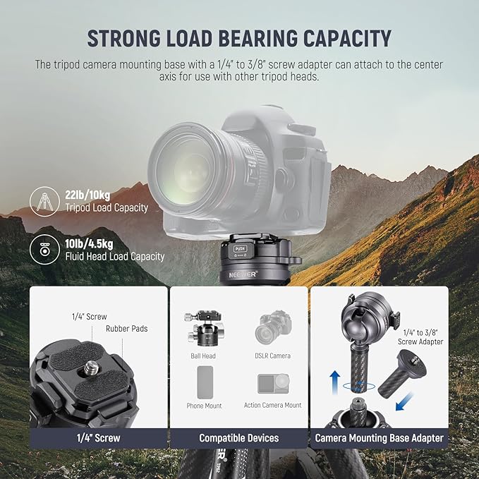 NEEWER LITETRIP LT32 62" Travel Tripod Carbon Fiber - Image 7