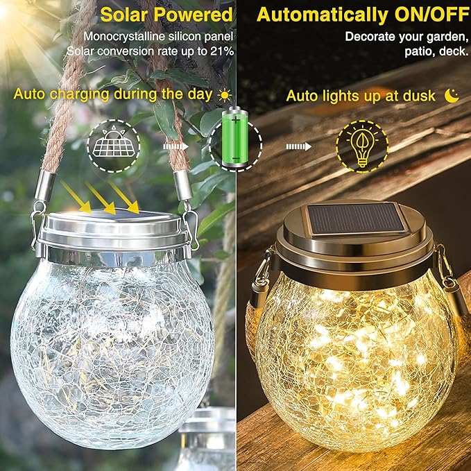 ROSHWEY Solar Lantern, 2 Pack Garden Decor Lights Waterproof Outdoor Lanterns - Image 5