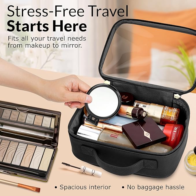 Clear Makeup Bag Set - Premium Quality Travel Cosmetic Bag w/Clear Transparent Front - 3pcs Gift for Travelers - Large & Small Makeup Bags & Portable Mirror in a Beautiful Gift Box, Black
