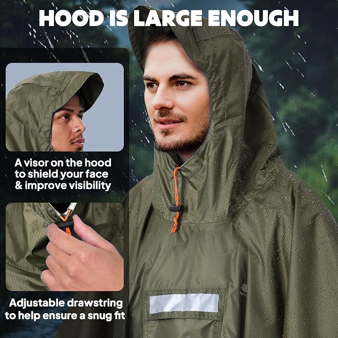 ANYOO Hooded Rain Poncho for Adults Waterproof Lightweight Rain Coat for Men - Image 5