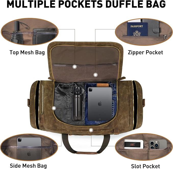 60L Travel Bags for Men, Nomad Washed Canvas Duffle Bag Vintage Genuine Leather - Image 4