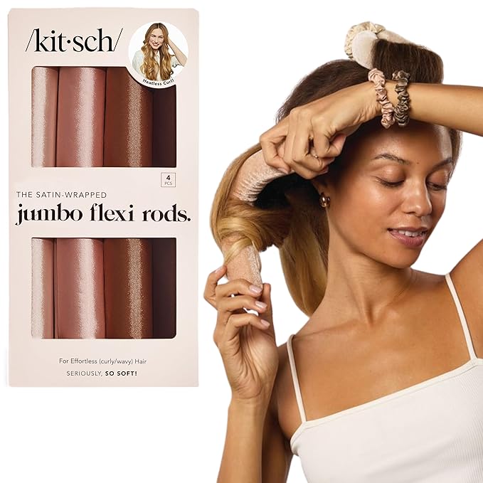 Kitsch Satin Hair Curlers, Heatless Curling Rod - Jumbo Flexi Rod for Heatless Curls Overnight, Comfortable Hair Curlers to Sleep In for Frizz-Free, No Heat Damage Styling - 4pcs Rosewood