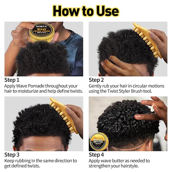 Hair Twist Sponge Brush Twist Styler Comb for Black Men - Washable Afro Curl Sponge Racket for Barbers & Daily Use, Ideal for Coiled, 4C Hair - Wave Pomade Butter Rubber Large Tooth Brush Set (Gold)