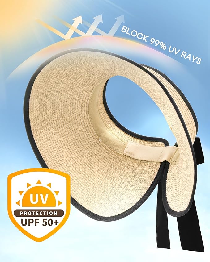 Camptrace Sun Visors for Women Wide Brim Beach Hat Foldable Straw Visor Hat - Image 2