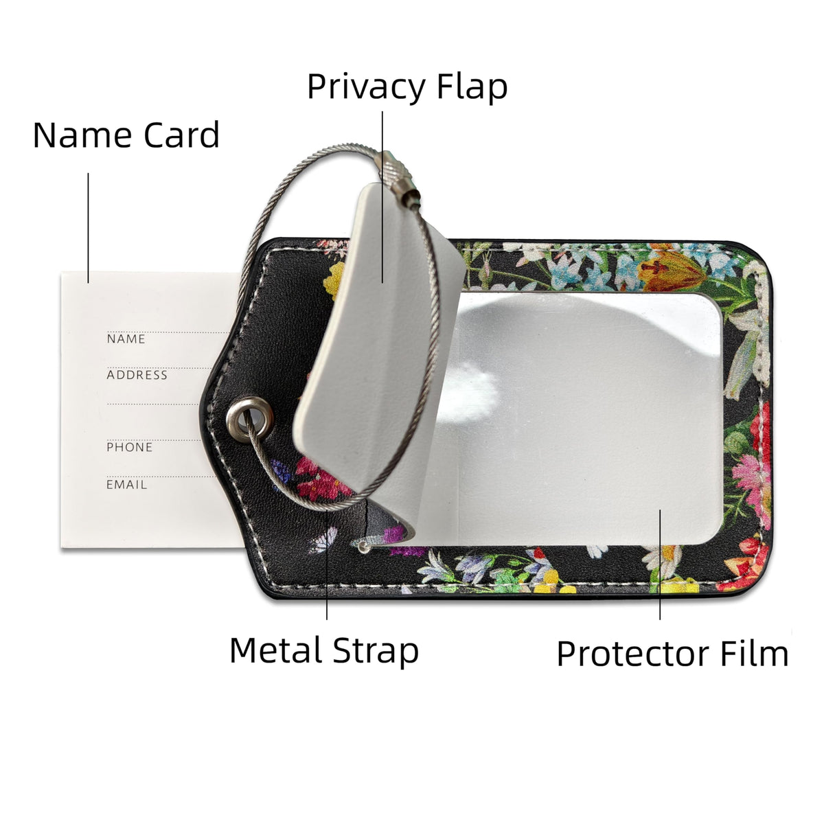 2 Pcs Luggage Tags for Suitcases Black Cat PU Leather Luggage Tag with Privacy Cover Label Address Card and Durable Metal Ring Suitable for Travel Suitcase Bag Handbags Backpacks (Black Cat Flower)