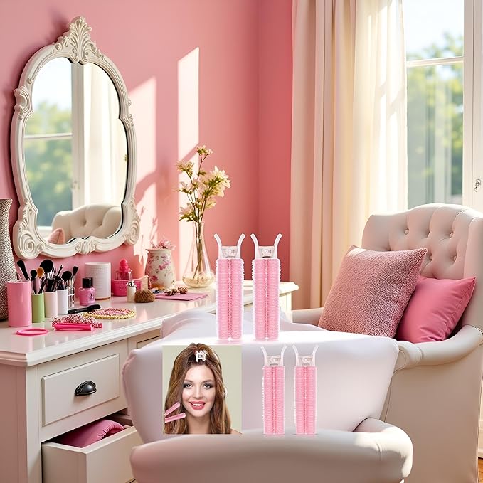 4Pcs Pink Hair Rollers with Clip,Portable Hair Volume Clip,Volumizing Hair Root Clips,Bangs Curler DIY Hair,Styling Accessories,Self Grip Volume Root Rollers,Styling Tools and Appliances