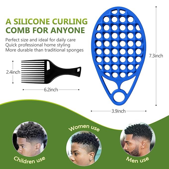 KOUPA Silicone Curly Hair Brush with Pick Comb, One Piece Twist Curl Brush Comb for Afro Curls, Washable Hair Tool for Men Women, Blue