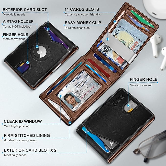 Airtag Wallet for Men, with Money Clip 11 Cards Slim Front Pocket Leather RFID - Image 2