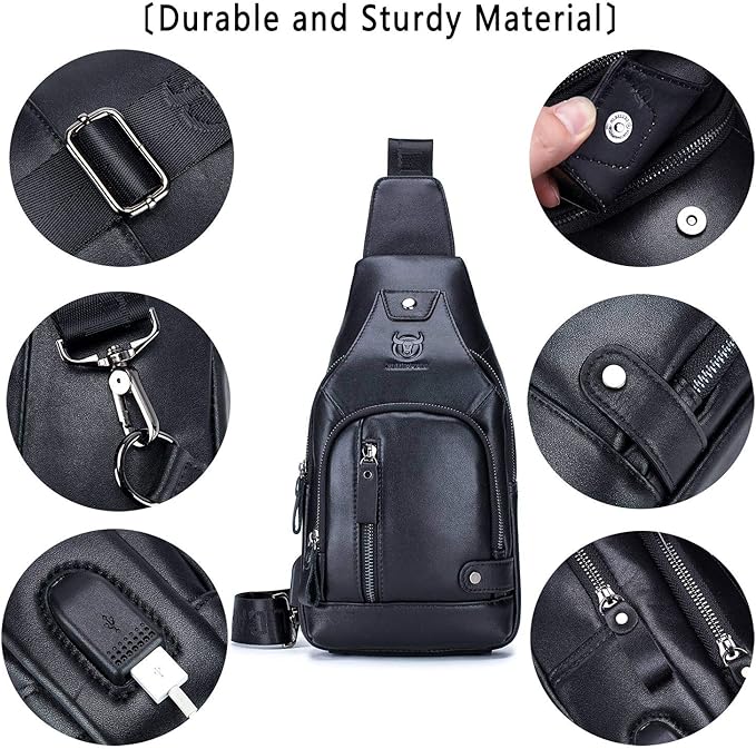 BULLCAPTAIN Leather Sling Bag Mens Chest Bag Casual Shoulder Crossbody Bags - Image 4