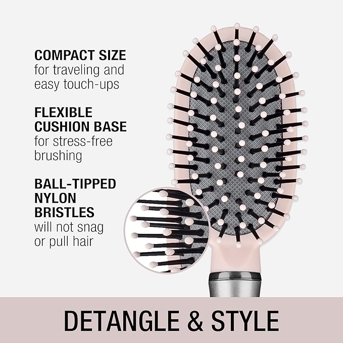 Conair Velvet Touch Cushion Hair Brush, Compact Travel Detangler Brush for Curly or Straight Styles, Flex Cushion Base for Stress-Free Brushing, Blush Pink