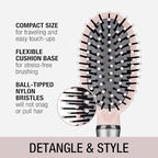 Conair Velvet Touch Cushion Hair Brush, Compact Travel Detangler Brush for Curly or Straight Styles, Flex Cushion Base for Stress-Free Brushing, Blush Pink
