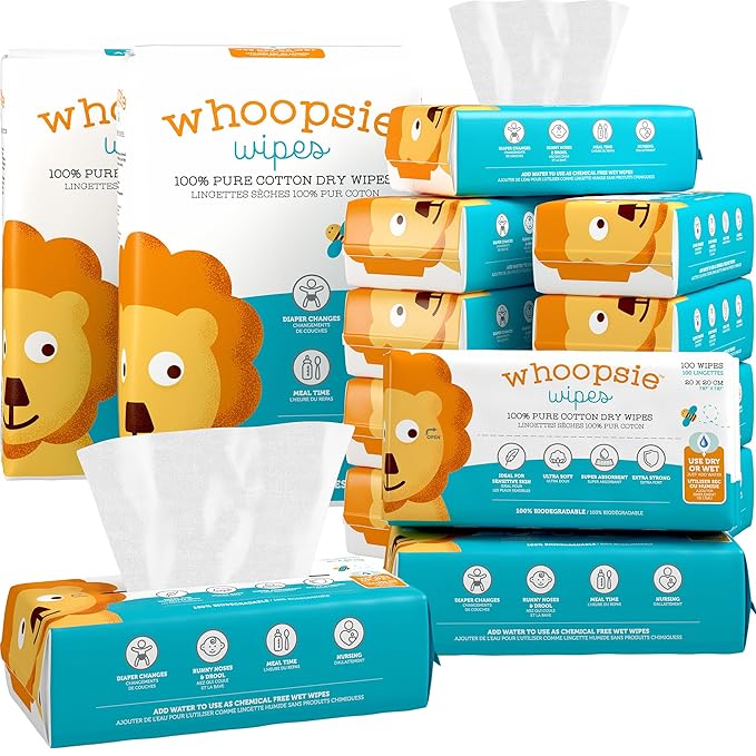 100% Pure Cotton Dry Wipes | 1200 Count | Use Wet or Dry | Soft & Sensitive | by WhoopsieWipes