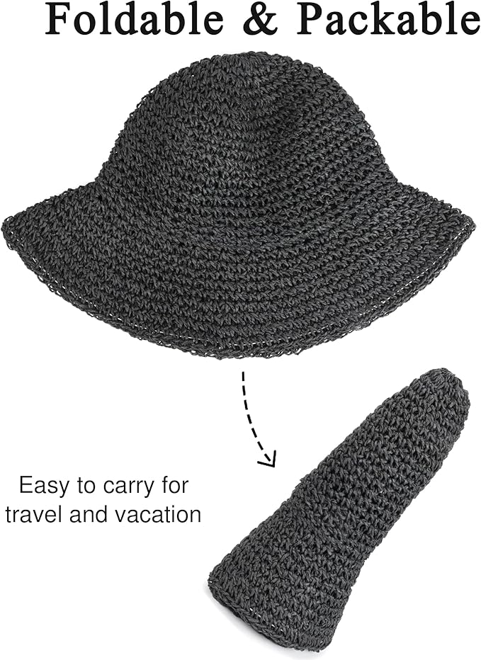 Womens Wide Brim Straw Sun Hat Foldable Floppy Crochet Beach Hat - Image 6