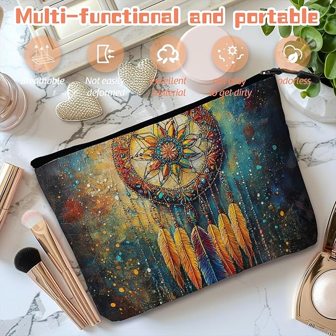 Cosmetic Bags Travel Makeup Toilet Case Waterproof Pouch for Women Girls 6.7X9.45inches - Ornate Dreamcatcher With Colorful Feathers And Beads
