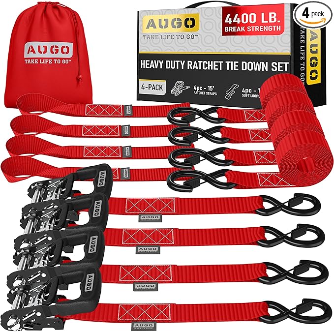 AUGO Heavy Duty Ratchet Straps & Soft Loops – Pack of 4 Extra Strong 1.5” by by AUGO