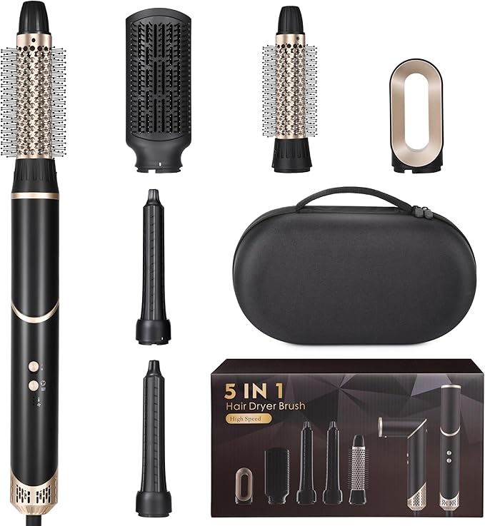 5-in-1 Hot Air Styler,Foldable Design 110,000 RPM High-Speed Hair Dryer Brush,Auto-Wrap Curlers for Curling,Straightening,Volumizing, Frizz-Free & No Heat Damage,Includes Travel Bag,Gift for Women