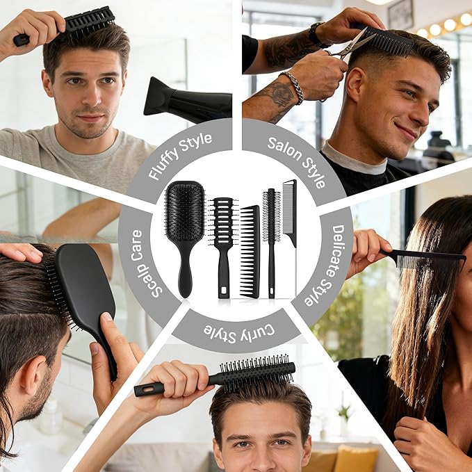 SALONSILK Hair Brush Comb Set, 5PCS Women Men Hair Brush & Styling Comb Set, Wide Tooth Rat Tail Fine Tooth Paddle Roller Combs, Professional Barber Tools for All Types