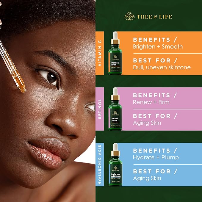 Tree of Life Beauty Facial Skin Care Set, Firming, Hydrating, Dry Face, Dermatologist Tested - Trio Power Kit, Vitamin C, Retinol and Hyaluronic Acid, 3 count of 1 Fl Oz