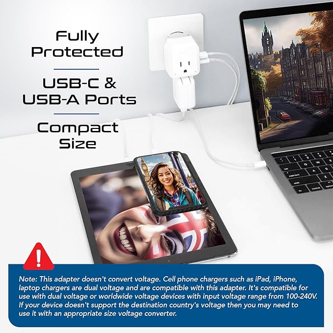 Ceptics UK, Ireland Power Adapter Travel, Safe Dual USB & USB-C 3.1A - Image 3
