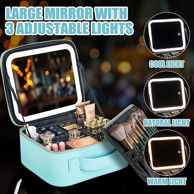 Makeup Travel Train Case with Mirror LED Light 3 Adjustable Brightness Large - Image 4