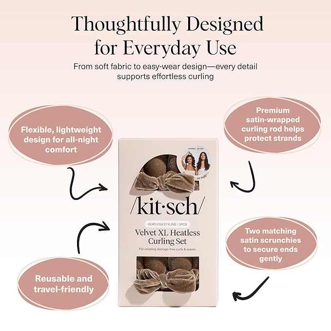 Kitsch Velvet XL Heatless Curling Set - Heatless Curls Overnight - Comfortable No Heat Hair Curlers With Two Velvet Bow Scrunchies to Sleep In for Frizz-Free & Non-Damage Styling - Eucalyptus