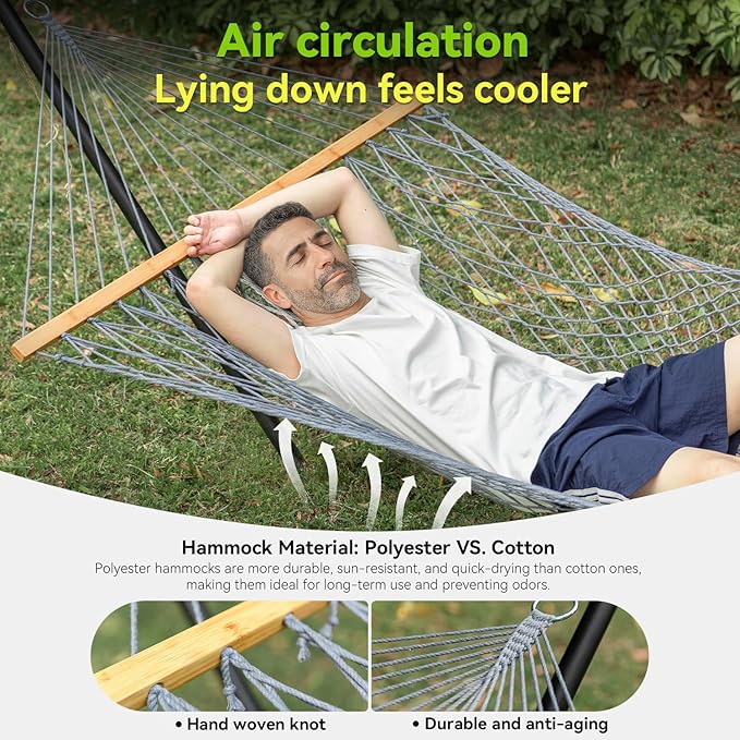Double Hammock for 2 Person, Handwoven Cotton Rope Hammock - Image 4